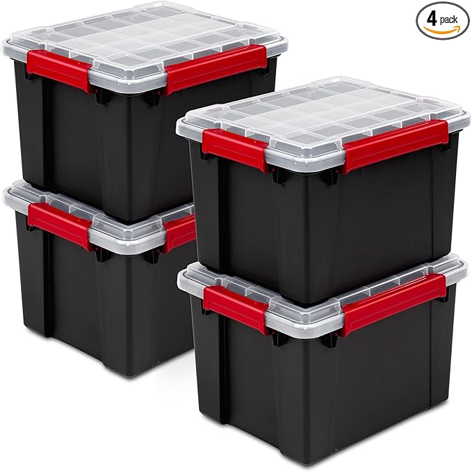 Sterilite 4 Pack Gasket Box, Stackable Plastic 8.5 Gallon Storage Container with Lids, Black - Waterproof and Dustproof Tote for Home Organization