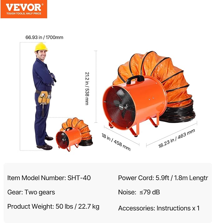 VEVOR 16 Inch Utility Blower Fan, 2 Speed 5175 CFM Heavy Duty Cylinder Axial Exhaust Fan with 16.4ft Duct Hose, Industrial Portable Confined Space Ventilator for basements, warehouse, Workshop