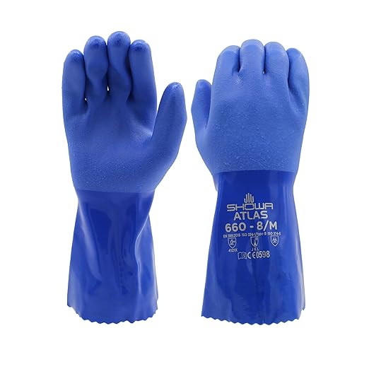 SHOWA Atlas 660 Triple-Dipped PVC Chemical Resistant Gloves, Heavy-Duty Gloves, Rough Finish Grip, Seamless Cotton Liner, 12" Length, Blue, XX-Large, 1 Pair
