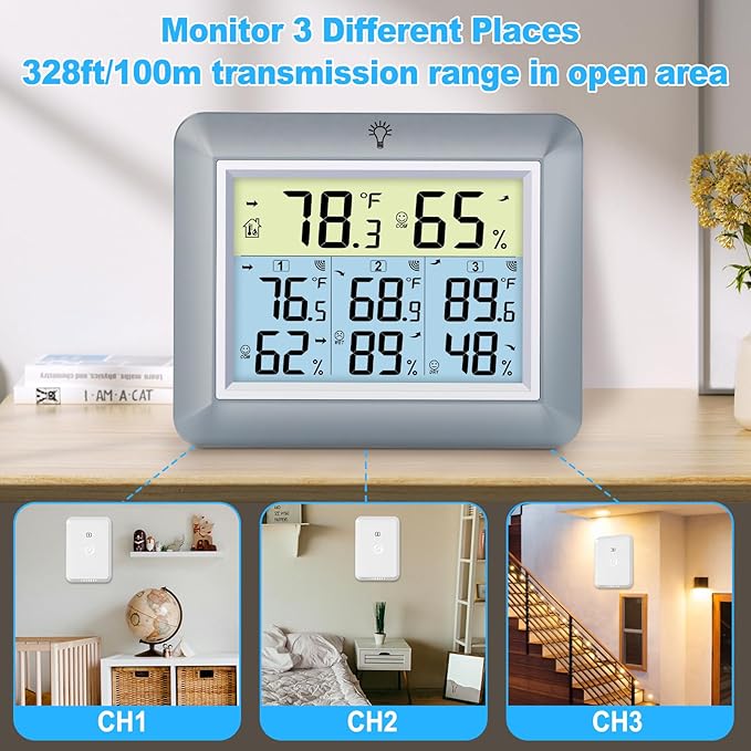 Urageuxy Weather Station Wireless Indoor Outdoor Thermometer with 3 Sensors, Remote Temperature Monitor with Humidity for Home, Baby Nursery, Room, Attic, Patio, Grey