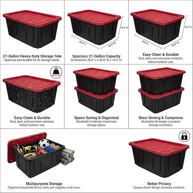 27 Gallon Heavy Duty Storage Bins with Lids – Stackable Industrial Plastic Totes for Garage Organization, Moving, and Attic Storage – Lockable Snap-Fit Container, Black/Red (4 Pack)