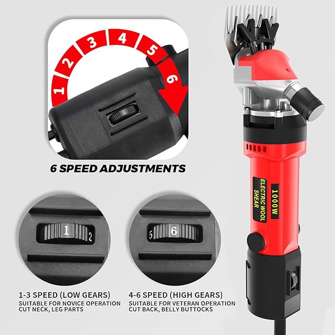 PAT JUUMG 1000W Sheep Shears Electric Farm Livestock Haircut with Blades Professional Animal Clippers 6 Speed Heavy Duty Electric for Thick Horses Sheep Alpacas Goats(Red)