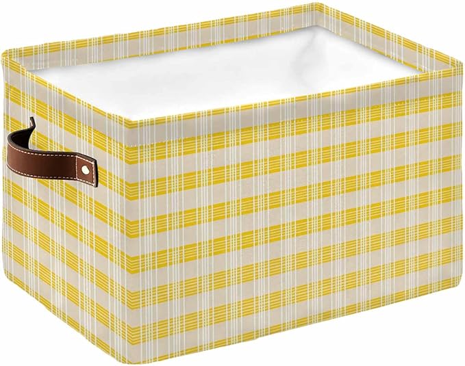 Yellow Plaid Striped Storage Bins Cubes Waterproof Cloth Storage Basket,Farmhouse Checkered Modern Abstract Art Foldable Storage Bags for Shelf Storages Organizers with Handles 15x11x9.5 in 1PCS
