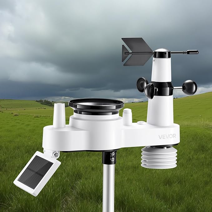 VEVOR 7-in-1 Wireless Weather Station, 7.5-Inch VA Display, Solar Powered Outdoor Sensor, Rain Gauge, Indoor Outdoor for Weather Forecast, Temperature, Humidity, Wind Speed and Direction (No WiFi)