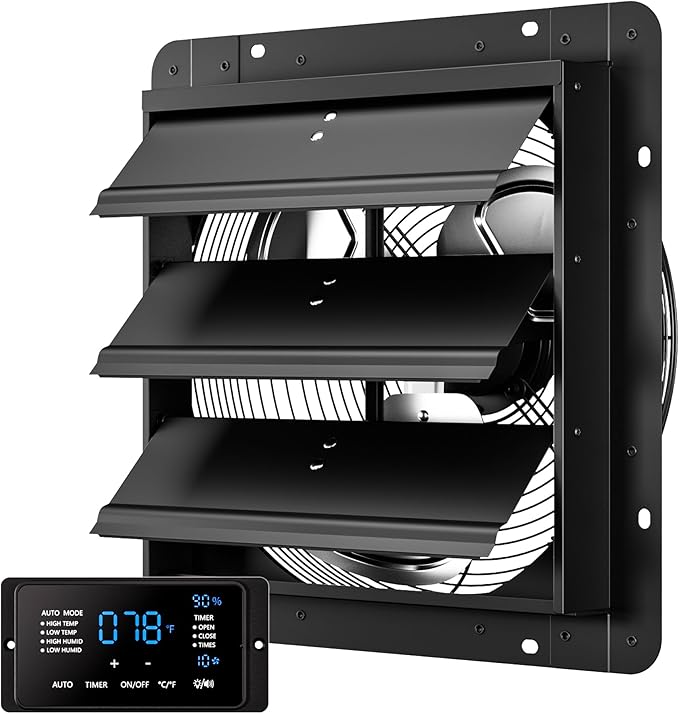 CAMMOO 14 Inch EC Motor Shutter Exhaust Fan, 6 Inch Large Touchscreen Controller for Temp Humidity and Speed Control, 10-Speed Wall Mount Fan for Attic, Greenhouse, Garage, Chicken Coop Ventilation