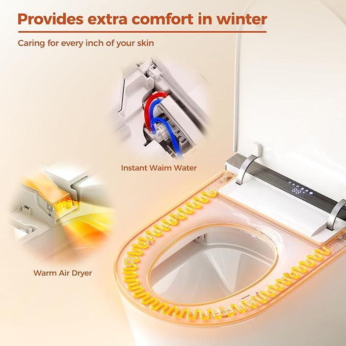 Smart Toilet, One Piece Toilet with Bidet Built in,Modern Elongated Toilet with Built-in Tank, Heated Toilet Seat, Bidet Warm Water, Dryer, Automatic Toilet Flusher, Foot Sensor Operation