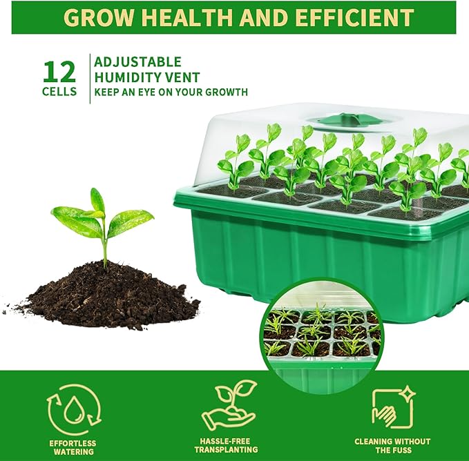 Seed Starter Tray Kit, 5 Pcs Seed Starting Trays with Humidity Dome and Base Plant Starter Kit for Seed Germination and Growing, with Plant Labels and Foldable Watering Can
