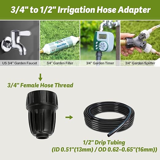 4 Pack 3/4" Garden Hose To 1/2" Irrigation Tubing Adapter, 1/2 Inch Drip Irrigation Tubing To Faucet Garden Hose Adapter 3/4 Inch FHT To 1/2 Inch Supply Line Adapter Fittings
