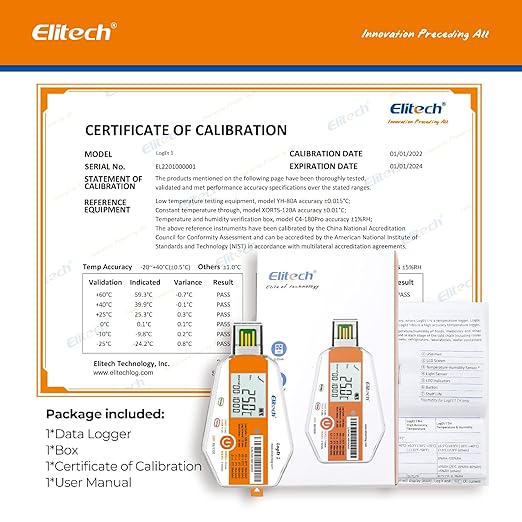 Elitech WHO PQS Certificated 10 Pack 120 Days Temperature Data Logger with Light Sensor Single-Use Cold Chain Monitor (CCM) Temperature Recorder with PDF Report 16000 Points LogEt1