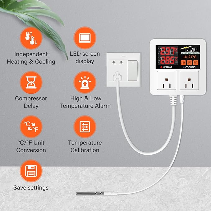 iPower Temperature Controller 1200W 10A Dual Digital Outlet Thermostat Plug, Pre-Wired, 2 Stage Heating and Cooling Mode, Fermentation BBQ Reptile Aquarium, 2 Pack