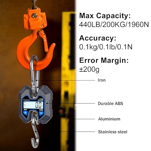 Fuzion Mini Crane Scale - Hanging Scale 440lb/200kg/1960N, Deer Scale Hanging with Large LCD Display, Hold & Tare Functions, No Assembly Needed