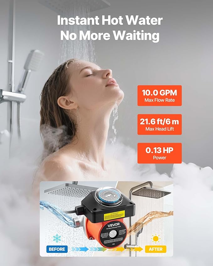 VEVOR Hot Water Recirculating Pump, with Bypass Valve, Instant Recirculation Pump Kit with Timer, Adapter, Circulation Circulator System, Stainless Steel Head, 0.13 HP 110-120V, for Tank Water Heaters