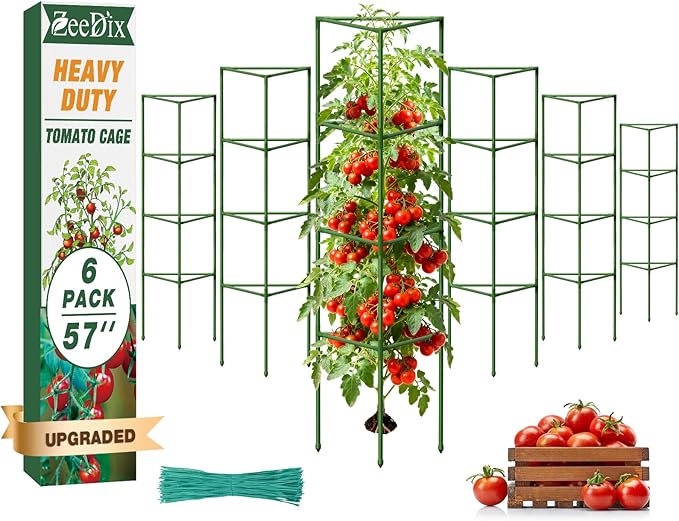 [Upgraded] ZeeDix 6 Pack Heavy Duty Tomato Cages for Garden, 57 Inch Foldable Plant Trellis Support Stakes for Heavy Climbing Plants, Adjustable Tomato Cage for Indoor Pots & Raised Garden Bed Outdoor