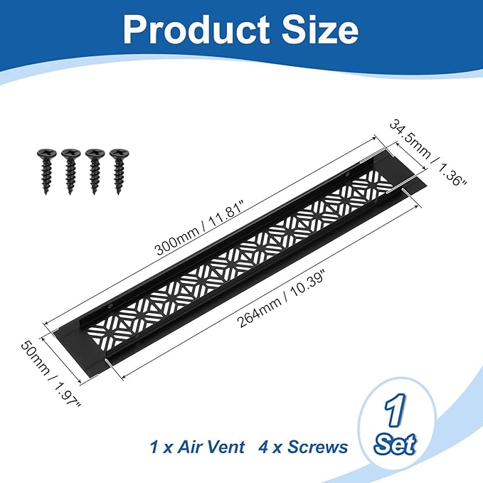 uxcell Aluminum Alloy Air Vents, 300 x 50mm / 11.8 x 2" Rectangle Louvered Ventilation Grille Cover with Mounting Screws for Door Cabinet Wardrobe, Matt Black