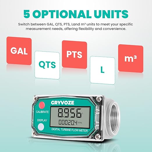 2 PCS 1 Inch Digital Turbine Fuel Flow Meter, 2.6-26 GPM Inline NPT Flowmeter with 3/4 in Adapters for Water, Diesel, Gas Oil, Gasoline, and Other Liquids - Supports Gallon, QTS, PTS, L, m³