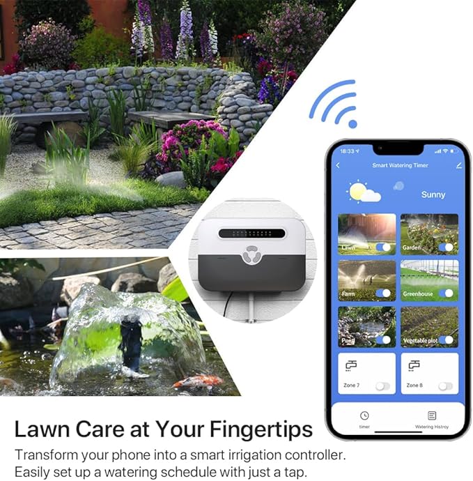 Smart Sprinkler Controller, 8 Zone WiFi Irrigation Controller with APP Control, Indoor Outdoor Automatic Water Timer, Weather-Based Skip & Custom Schedules, Easy DIY Installation