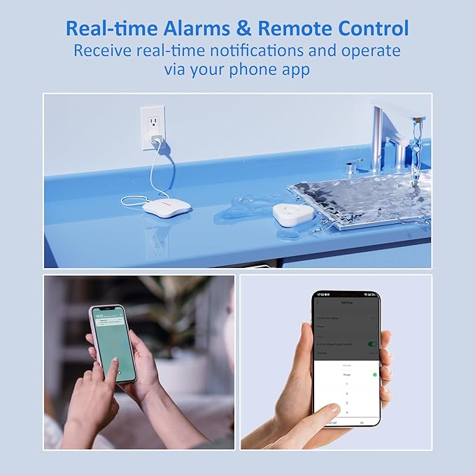 Smart Water Leak Detectors for Home WiFi with App Alerts, Stechro Ajustable 120dB Water Sensor Alarm Leak Detector for Basements Sink Kitchen Laundry, 1 Water Sensor & 1 Rechargeable Gateway