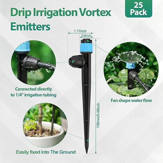 RedChili 25 Pieces Drip Emitters for 1/4" Drip Irrigation Tubing, Adjustable 360 Degree Vortex Drip Emitters with Stake 360° Full Circle Umbrella Shape Pattern Garden Irrigation Micro Drippers