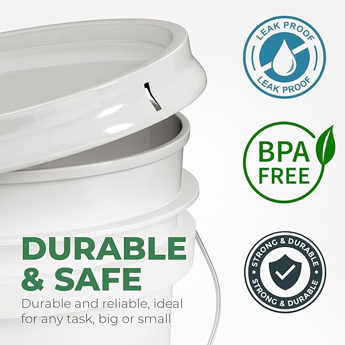EconoHome 5-Gallon White Bucket Pail Container with Lid Metal Handles with Plastic Grip for Easy Carrying Easy Stack and Store Heavy-Duty Extra Durable Food Grade BPA Free - 5 Pack