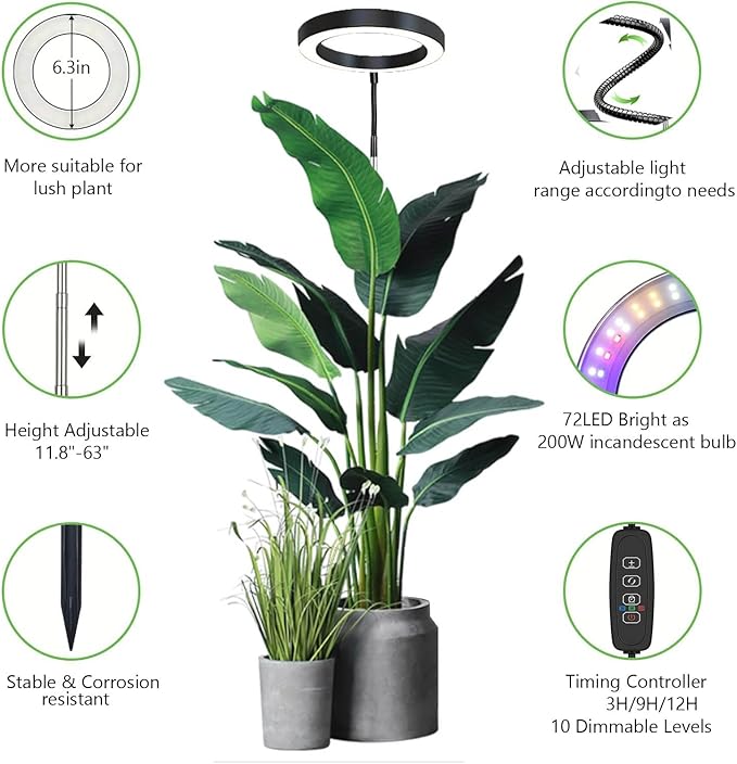 Grow Light for Indoor Plants, 6.3" Full Spectrum LED Plant Grow Light, 11.8-63in Height Adjustable Growing Lamp with Auto Timer 3H/9H/12H, 10 Dimmable Levels (Black 2 Pack)