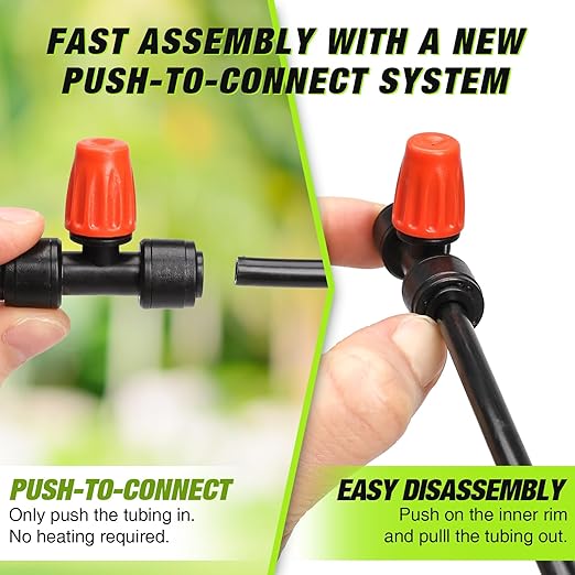 Bonviee 1/4 Inch Push-to-Connect Tee with Misting Nozzles, 24 Pack – Cooling Mist Sprinklers for Patio, Garden, Greenhouse