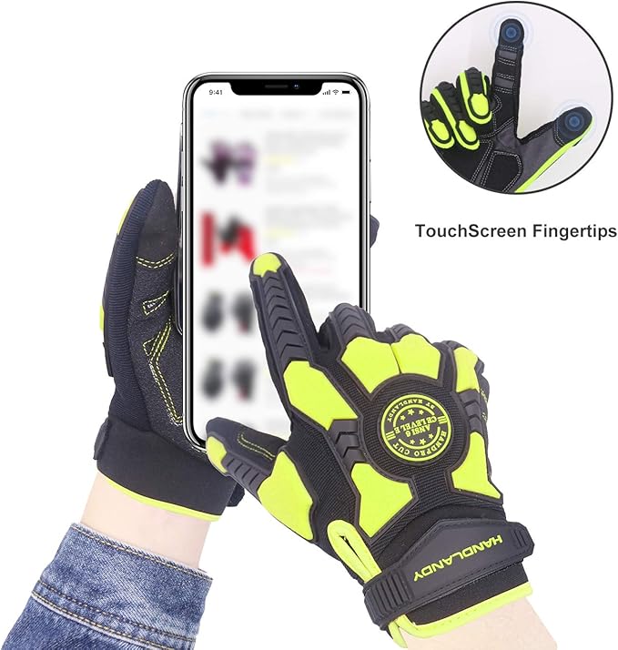 HANDLANDY HLDD Heavy Duty Work Gloves, TPR Protector Impact Gloves, Men Anti Vibration Mechanic Work Glove TouchScreen