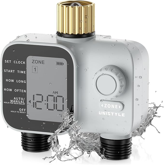 [All-New 2027] Heavy Duty Sprinkler Timer 2 Zone with Brass Inlet, Unistyle Water Timer for Garden Hose with Rain Delay and Manual Water/Automatic Irrigation, Hose Timers Yard Lawn Patio