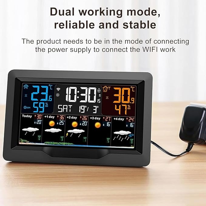 Smart Weather Station Clock, Large Color Screen Weather Clock with Indoor/Outdoor Temperature & Humidity Remote Sensor, for Monitoring Temperature, Humidity & 5-Day Forecasts