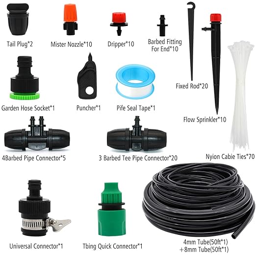 Drip Irrigation System, 100FT Drip Irrigation Kit for Garden - 50FT Main & 50FT Branch Tubing, Adjustable Nozzles for Drip or Mist Cooling, Irrigation System for Garden, Lawn, Patio, Raised Bed