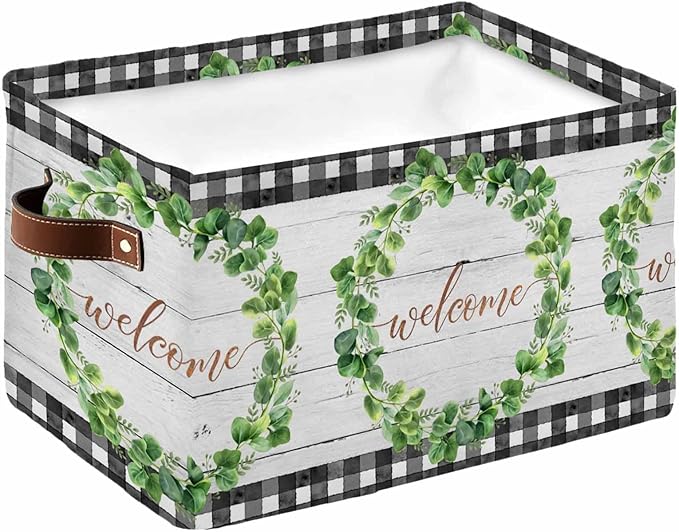 Spring Eucalyptus Leaves Storage Bins Cubes Waterproof Cloth Storage Basket,Farmhouse Botanical Gray Wood Foldable Storage Bags for Shelf Clothes Storages Organizers with Handles 15x11x9.5 in 1PCS