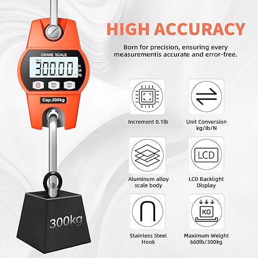 Hanging Scale 660lb/300kg - High-Accuracy Crane Scale with Aluminum Frame and LCD Display. Functions as Fishing Scale and Luggage Scale. for Farm, Hunting, Fitness, and Travel Weighing