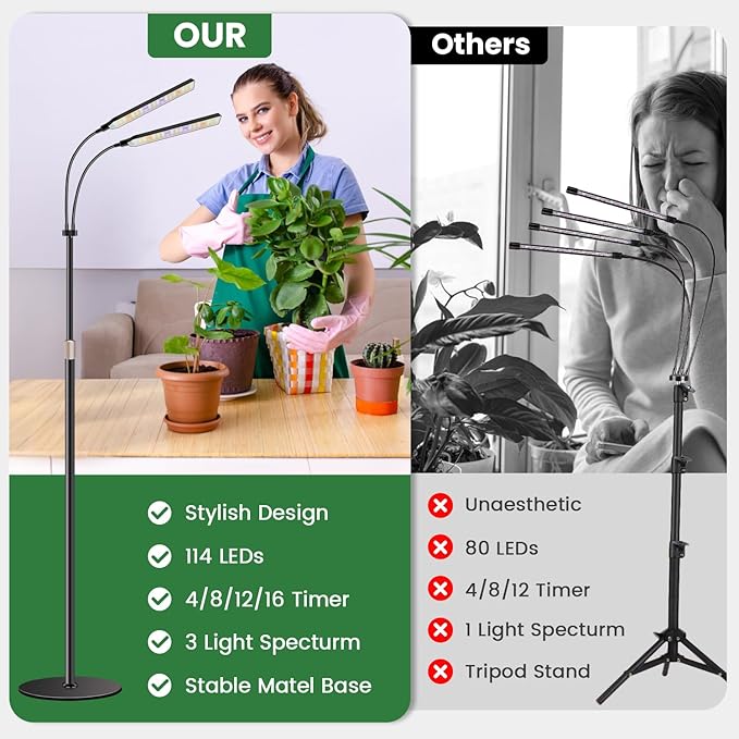 Kullsinss Black Floor Grow Lights for Indoor Plants, 2-Heads Full Spectrum LED Plant Grow Light with 4/8/12/16H Timer, 3 Color Modes, 24-68.7in Hight Adjustable Grow Lamp for Tall Large Indoor Plants