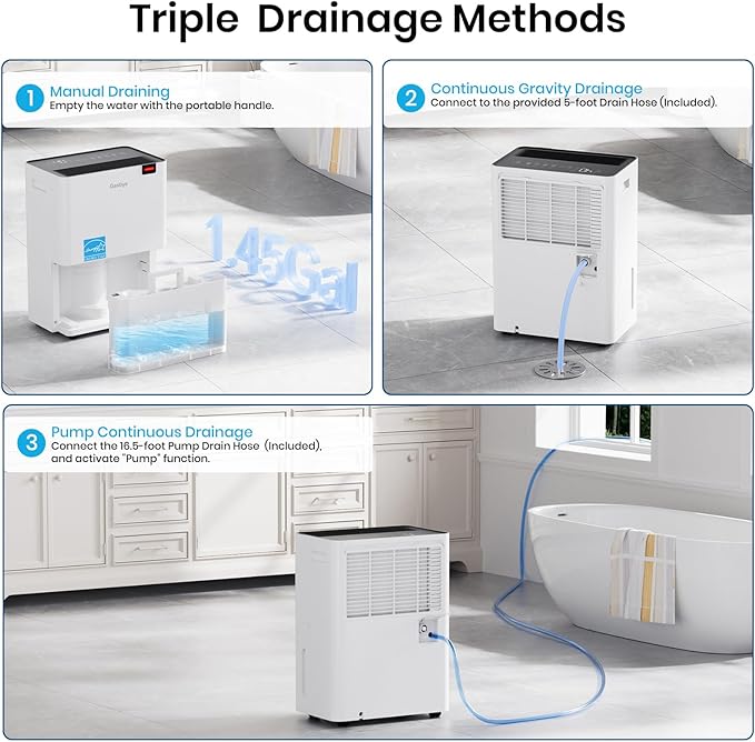 Gasbye Energy Star 2026 Dehumidifier with [𝗥𝗲𝗽𝗹𝗮𝗰𝗲𝗮𝗯𝗹𝗲 Pump] for Basement – [44dB Quiet, Easy to Clean & Clog-Free], Max 75 Pints/Day, 16.5ft Drain Hose, Auto Shut-Off, Auto Restart, White