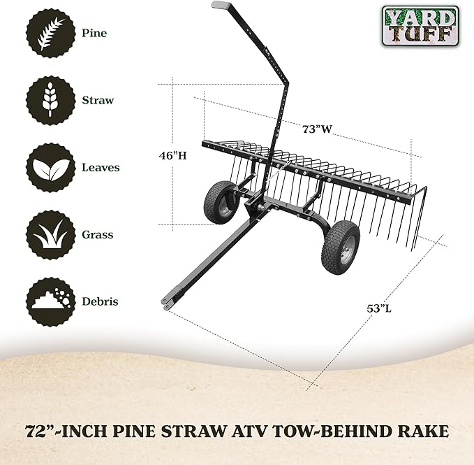 Yard Tuff 72 Inch Durable Steel Rake, Wheels, Lift Handle & Hitch for ATV, UTV, or Tractor