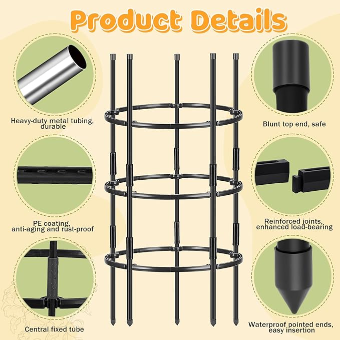 2PCS 19.5" D x 39" H Peony Plant Support Cage, 3 Tier Stackable Plant Support Ring, Metal Core with PVC Coated Stakes, Garden Plant Support for Peonies Tomatoes and Climbing Plants