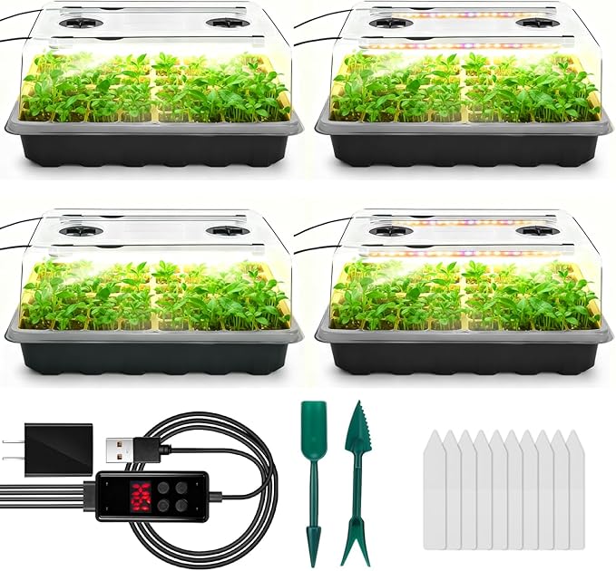 Seed Starter Tray with Grow Light, 192-Cell Seed Starter Kit, Seedling Starter Trays with Humidity Domes, Automatic Timer, Adjustable Light Indoor Gardening Plant Germination Trays