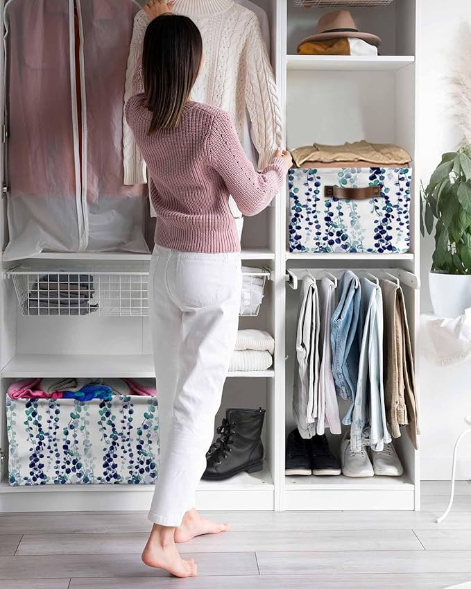 Blue Weeping Eucalyptus Storage Bins Cubes Waterproof Cloth Storage Basket,Spring Summer Farmhouse Leaves Foldable Storage Bags for Shelf Clothes Storages Organizers with Handles 15x11x9.5 in 2PCS