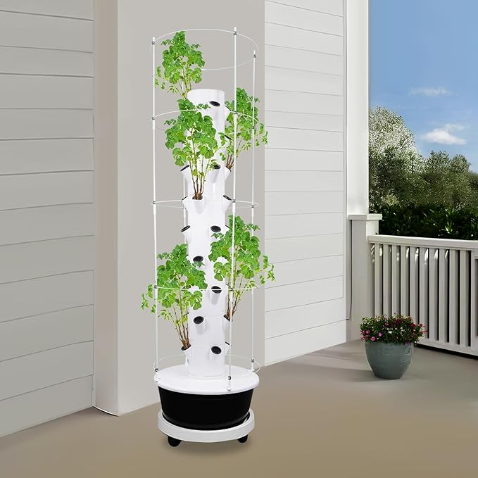 Hydroponic Growing Tower with Climbing Trellis, 30L Water Tank & Automatic Timer, Indoor Outdoor Vertical Garden System for Vegetables Herbs Strawberries (Black - 36 Holes)