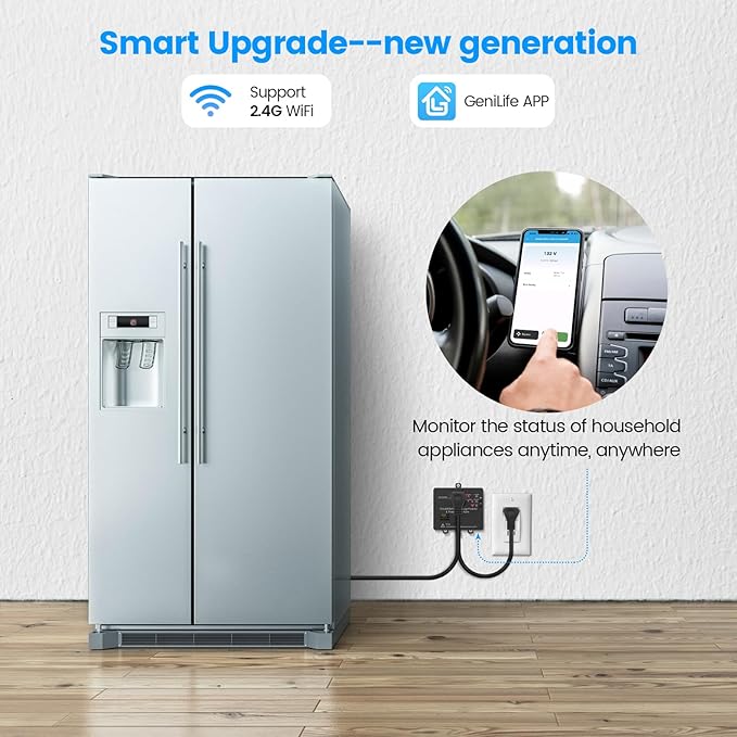 Wi-Fi Smart Power Failure Alarm with Surge Protector, Remotely Monitor and Control Your Refrigerator Via App, Ensuring The Safety of Refrigerator and Food Stored Inside, Black