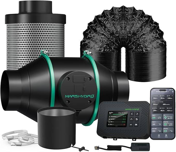 MARS HYDRO 4 Inch Air Filtration Kit, Inline Duct Fan with iControl Temperature & Humidity Controller, App Remote Control, Carbon Filter Combo +25Ft Ducting, Grow Tent Hydroponics Ventilation System