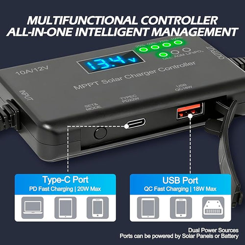 10A MPPT Solar Charge Controller 12V, 30V Max VOC | 22W Type-C & 18W USB Fast Charging | LCD, Multi Protection | Compatible with LiFePO4, AGM, Gel | for RV, Solar Shed Off Grid System