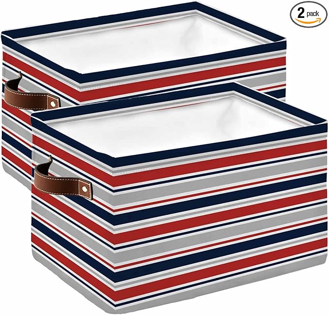 Red Navy Blue Striped Storage Bins Cubes Waterproof Cloth Storage Basket,Farmhouse Stripes Modern Abstract Art Foldable Storage Bags for Shelf Storages Organizers with Handles 15x11x9.5 in 2PCS