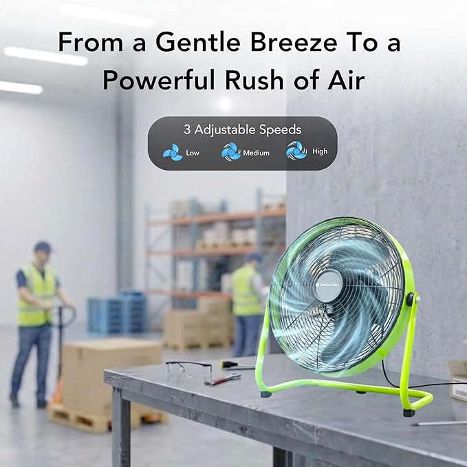 Comfort Zone 14-Inch High-Velocity Industrial Floor Fan, Heavy-Duty 3-Speed Metal Shop Fan with 180° Adjustable Tilt & Carry Handle, Quiet Vibration-Free Cooling for Garage, Workshop, & Home
