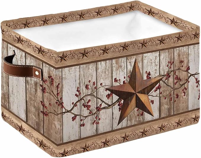 Vintage Texas Star Wooden Storage Bins Cubes Waterproof Cloth Storage Basket, Farmhouse Berry Country Foldable Storage Bags for Shelf Closet Clothes Storages Organizers with Handles 15x11x9.5 in 1PCS