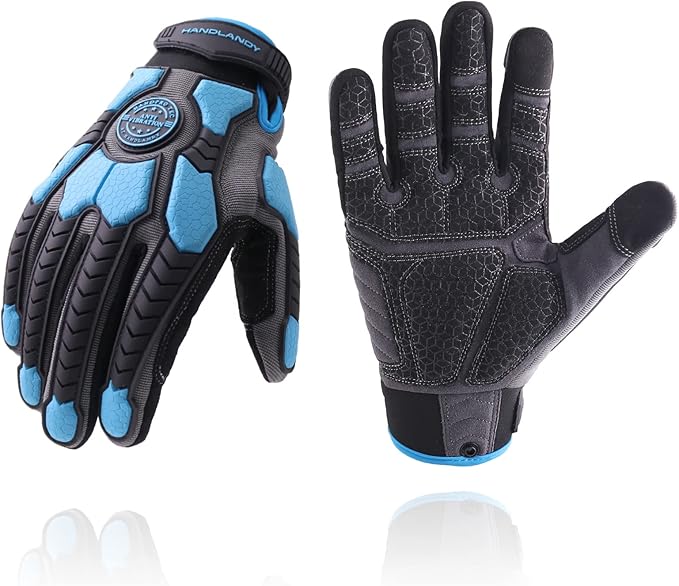 HANDLANDY HLDD Heavy Duty Work Gloves, TPR Protector Impact Gloves, Men Anti Vibration Mechanic Work Glove TouchScreen