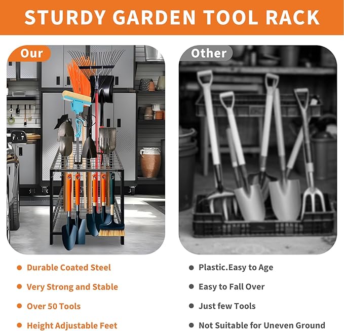 KYBOLT Heavys Duty Garage Tool Organizer Rack - Holds 35+ Rakes, Brooms & Long Tools | Black Steel Yard Tool Tower for Shed/Outdoor | Instant Assembly Space-Saving Storage