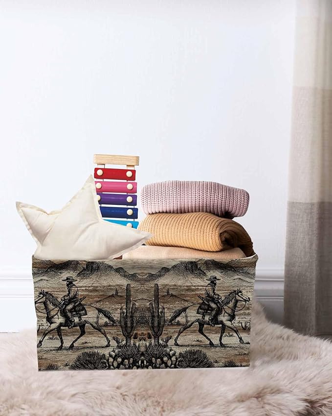 Brown Western Farmhouse Storage Bins Cubes Waterproof Cloth Storage Basket, Vintage Cowboys Cactus Foldable Storage Bags for Shelf Closet Clothes Storages Organizers with Handles 15x11x9.5 in 1PCS