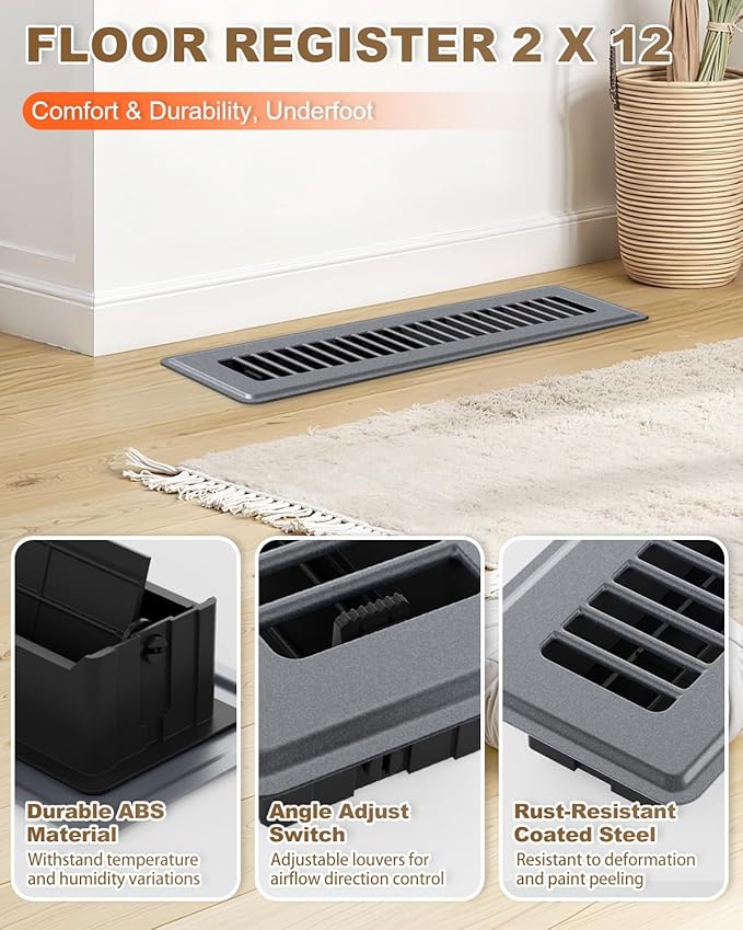 2 x 12 Floor Register, 4 Pack – Gray Vent Covers for Home Floor, Anti-Rust Coated Metal Surfaces with Adjustable Airflow Control Lever, Ideal for HVAC Systems, Living Room & Bedroom Floor Vents