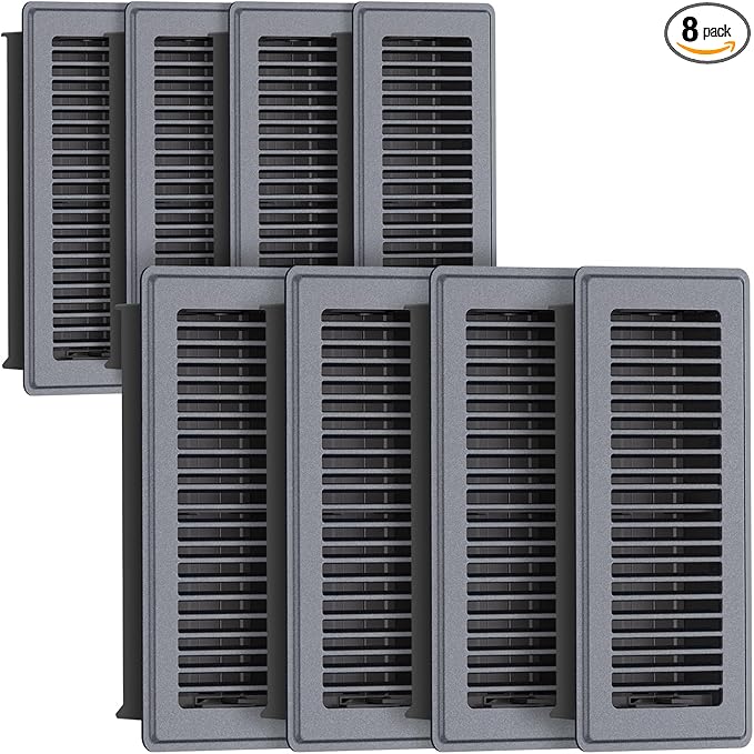 Floor Register 4 x 12, 8 Pack – Gray Heavy-Duty Steel Vent Covers for Home Floor with Adjustable Airflow Control Lever, Easy Installation and Quiet Operation for HVAC Systems Floor Vent