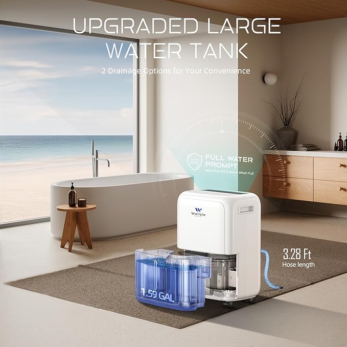 Most Efficient Energy Star Dehumidifier, Wellsle 52 Pints Dehumidifier for Basement and Home, Smart Humidity Adjustment with 1.59 Gal Water Tank and Drain Hose 42dB Quiet Operation for Bedroom
